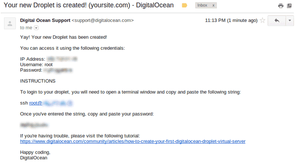 Digitalocean new droplet email