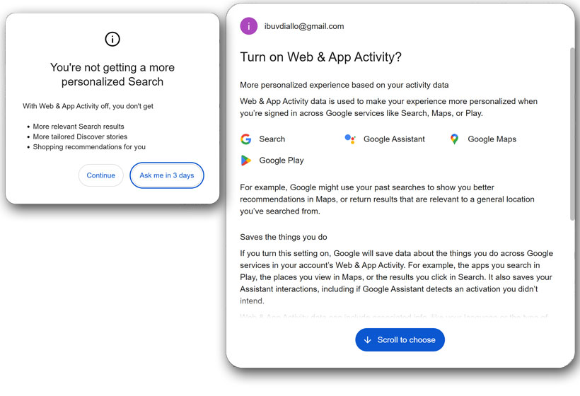 Google search personalization popup